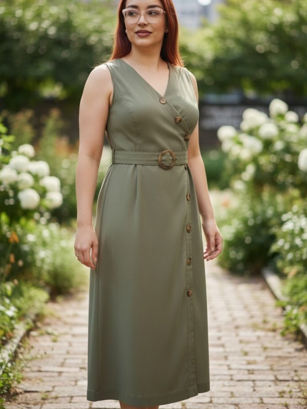 Olive Green Wrap Midi Dress
